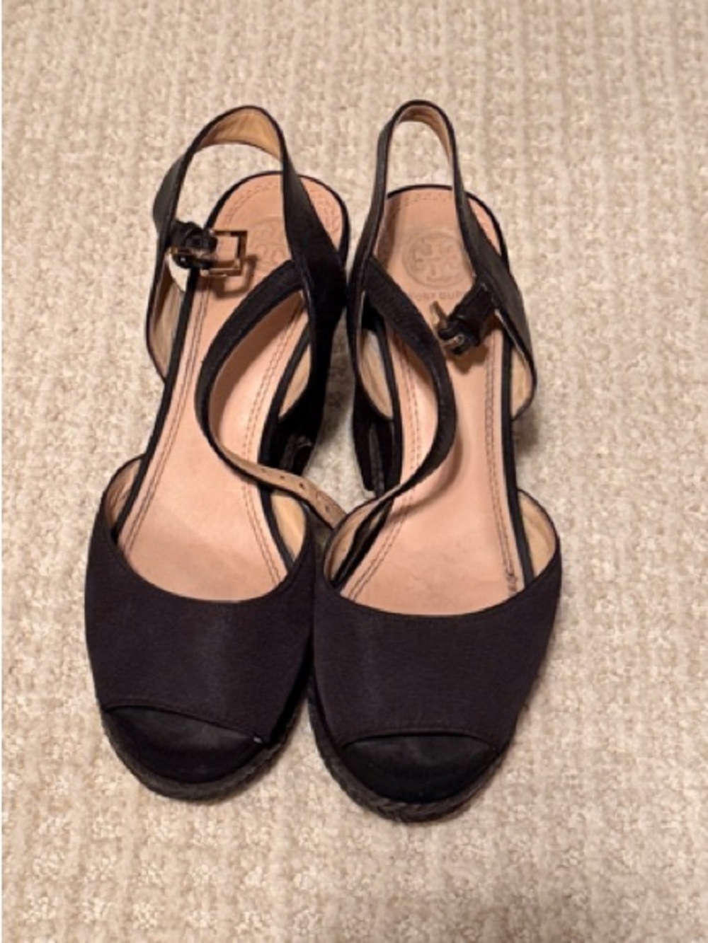 Tory Burch Black Slingback Peep-Toe Wedge Sandals